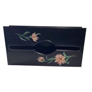 Toleware Black Metal Tissue Box Hand Painted Pink White Flowers Vtg 10.5 in